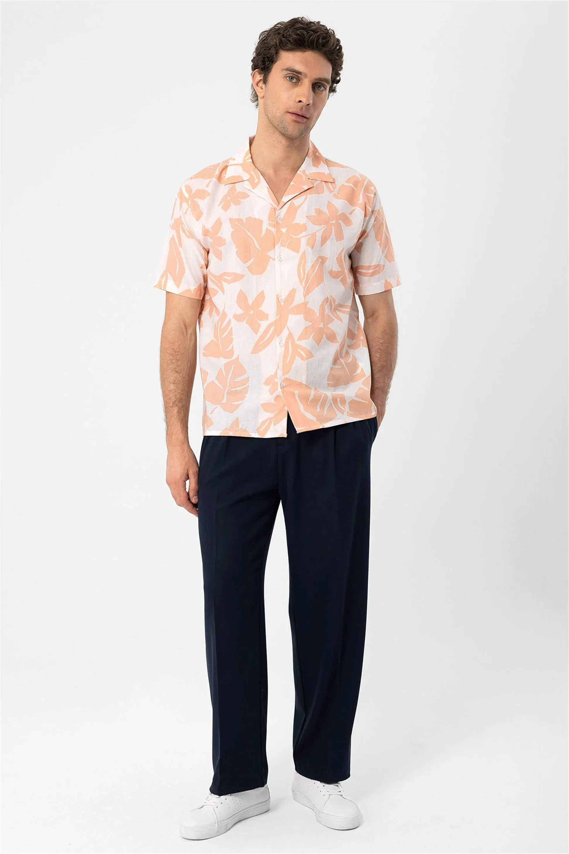 Men's Orange Floral Patterned Top Collar Shirt - Wessi sold by Wessi product image thumbnail 4