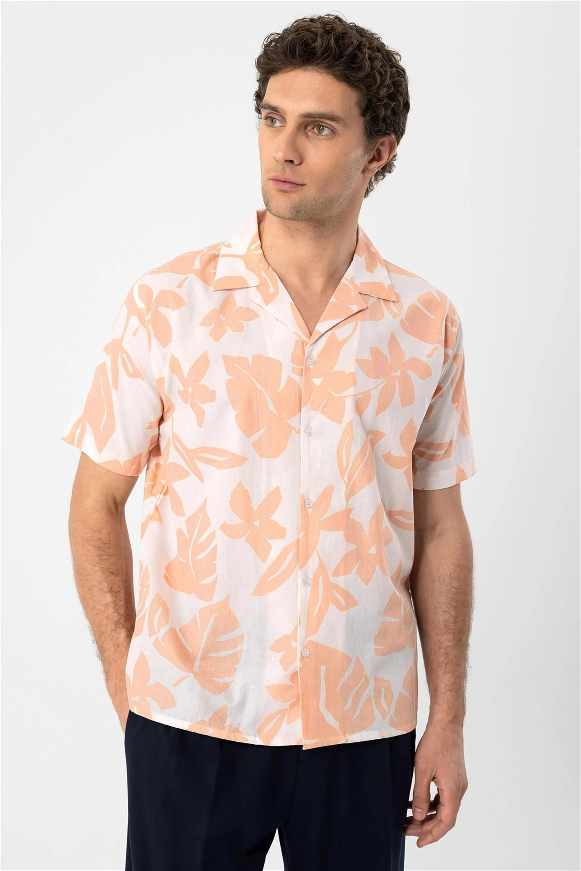 Men's Orange Floral Patterned Top Collar Shirt - Wessi sold by Wessi