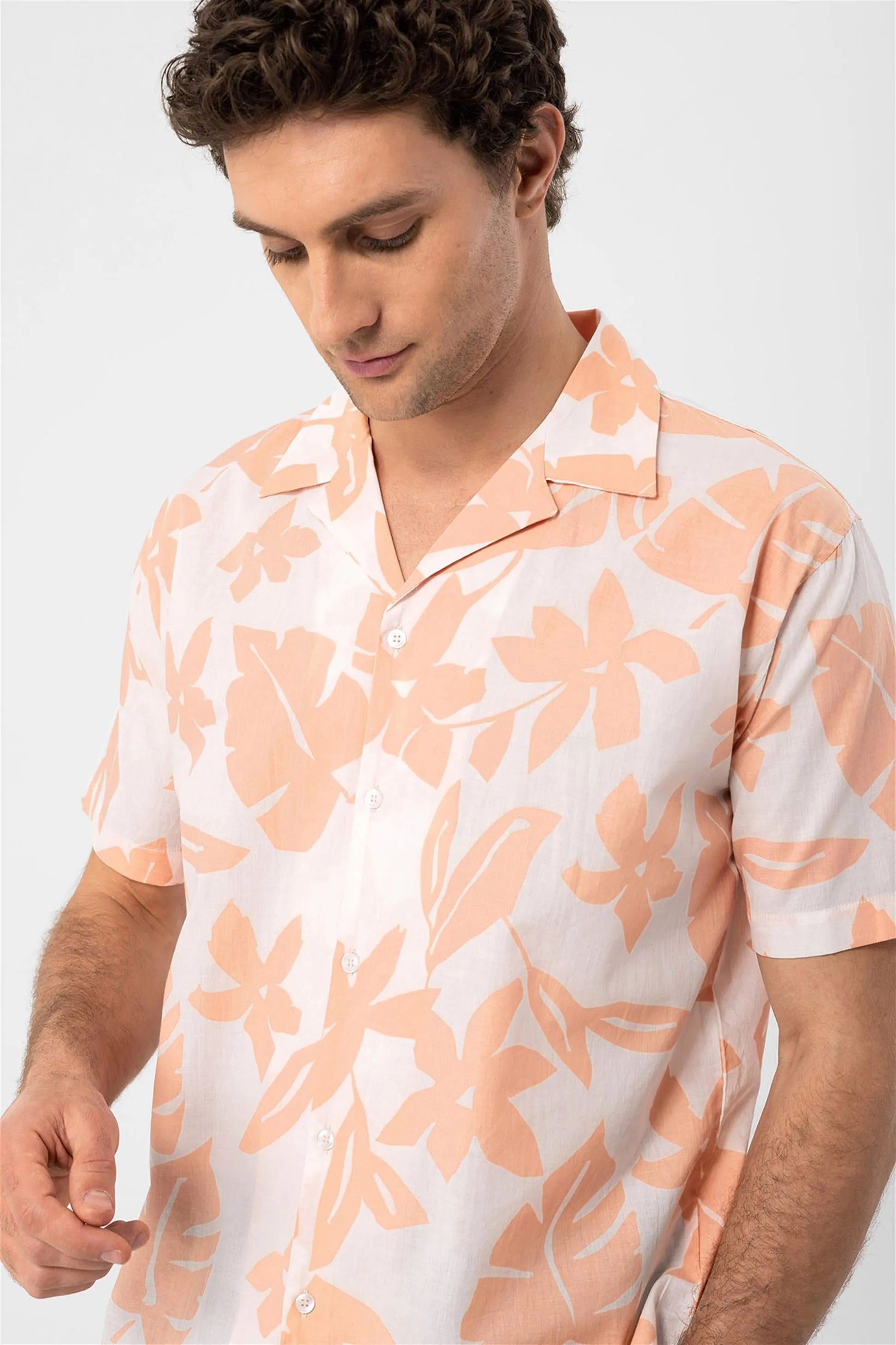 Men's Orange Floral Patterned Top Collar Shirt - Wessi sold by Wessi product image thumbnail 5