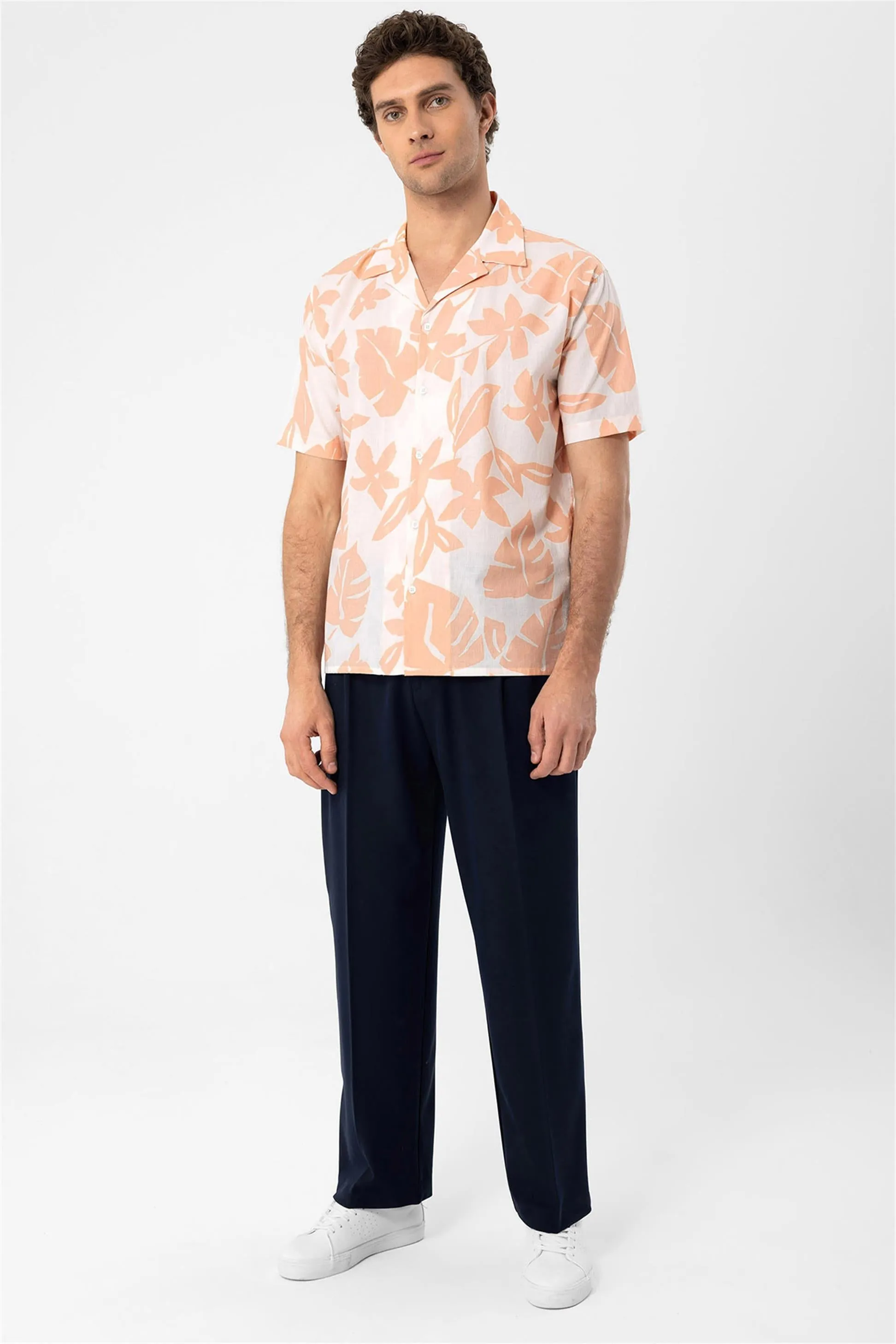 Men's Orange Floral Patterned Top Collar Shirt - Wessi sold by Wessi product image thumbnail 2