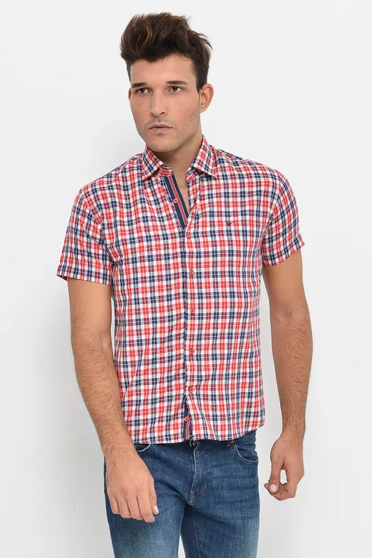 Checked Short Sleeves Navy Blue Men Shirt - Wessi sold by Wessi
