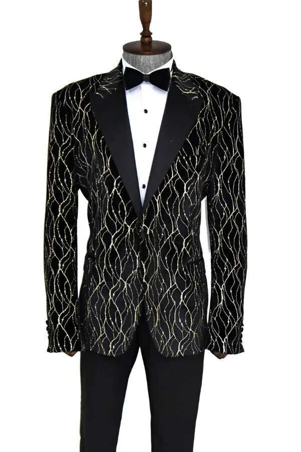 Gold Patterned Over Black Velvet Men Evening Tuxedo Blazer - Wessi sold by Wessi product image thumbnail 5