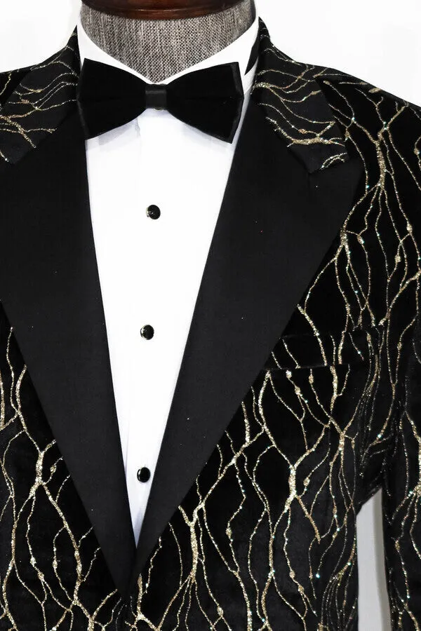 Gold Patterned Over Black Velvet Men Evening Tuxedo Blazer - Wessi sold by Wessi product image thumbnail 3