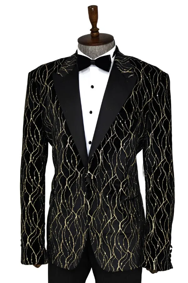 Gold Patterned Over Black Velvet Men Evening Tuxedo Blazer - Wessi sold by Wessi product image thumbnail 4