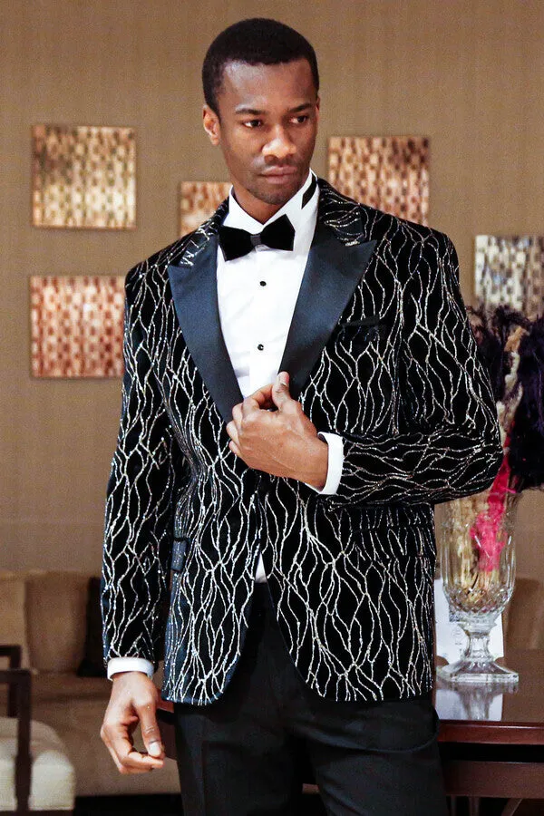 Gold Patterned Over Black Velvet Men Evening Tuxedo Blazer - Wessi sold by Wessi