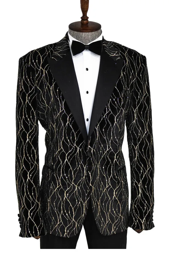 Gold Patterned Over Black Velvet Men Evening Tuxedo Blazer - Wessi sold by Wessi product image thumbnail 2