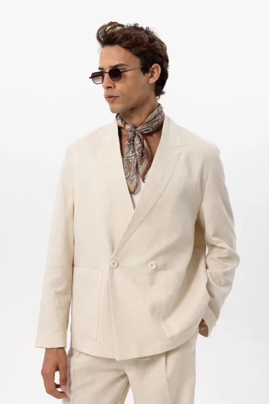 Men's Ecru Linen Blend Double-Breasted Jacket - Wessi sold by Wessi