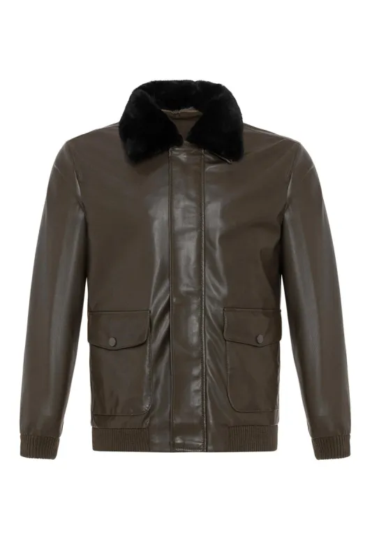 Khaki Double Pocket Fur Collar Leather Coat - Wessi sold by Wessi