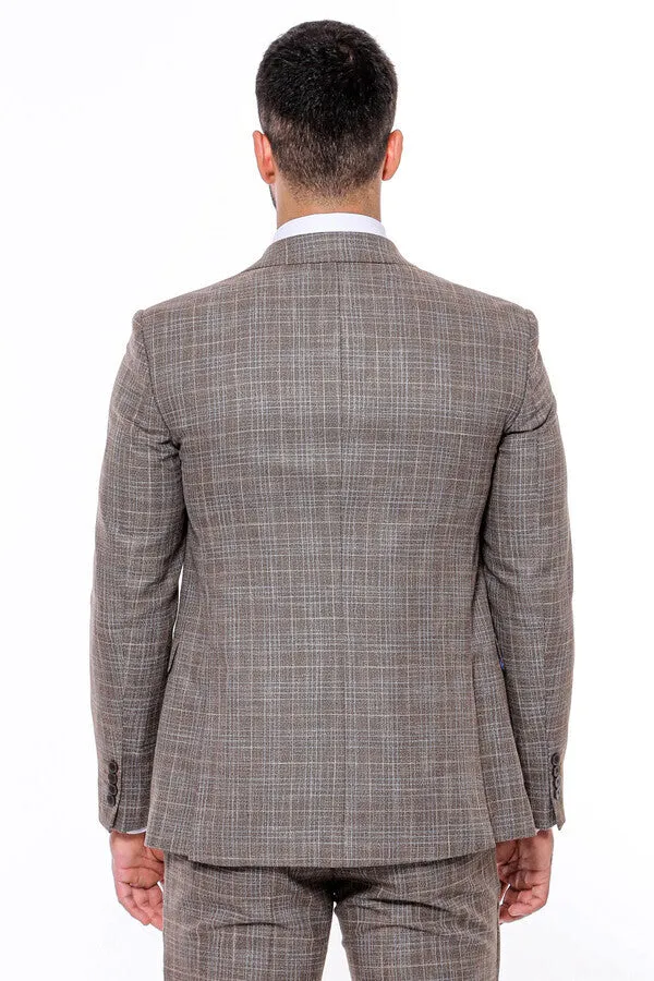 Patterned Vested Slim-Fit Dark Beige Men’s Suit - Wessi sold by Wessi product image thumbnail 4