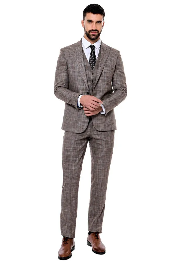 Patterned Vested Slim-Fit Dark Beige Men’s Suit - Wessi sold by Wessi product image thumbnail 2