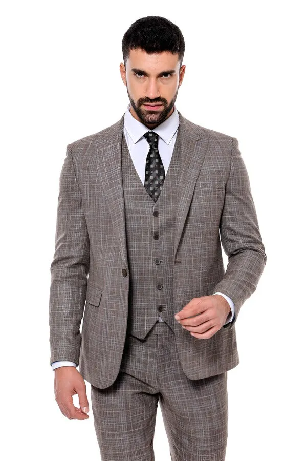 Patterned Vested Slim-Fit Dark Beige Men’s Suit - Wessi sold by Wessi