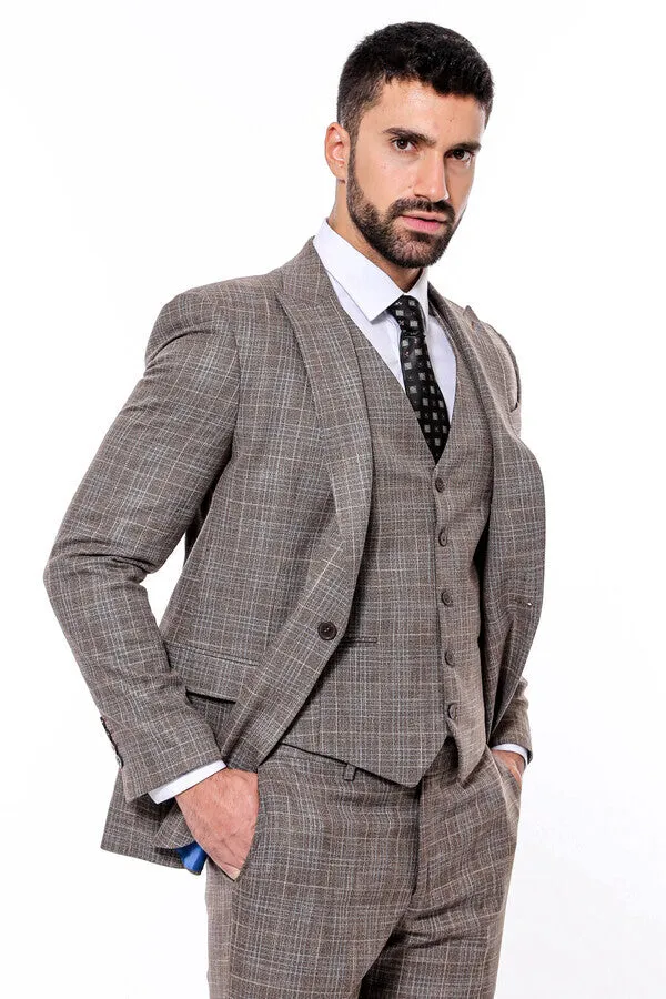 Patterned Vested Slim-Fit Dark Beige Men’s Suit - Wessi sold by Wessi product image thumbnail 5