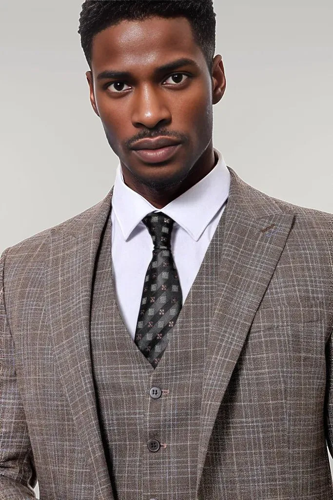 Patterned Vested Slim-Fit Dark Beige Men’s Suit - Wessi sold by Wessi product image thumbnail 3
