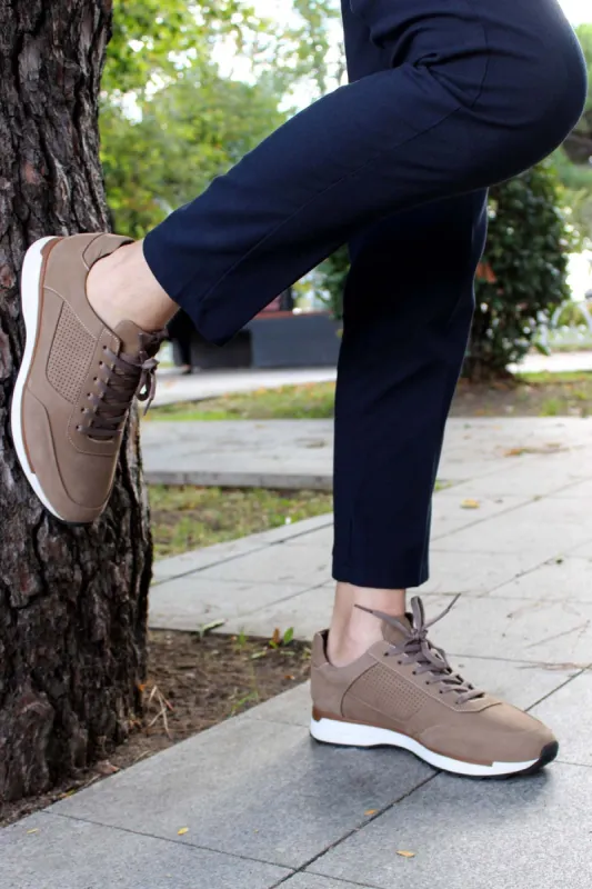 Men's Beige Suede Sneakers with Perforated Detailing and White Sole - Wessi sold by Wessi