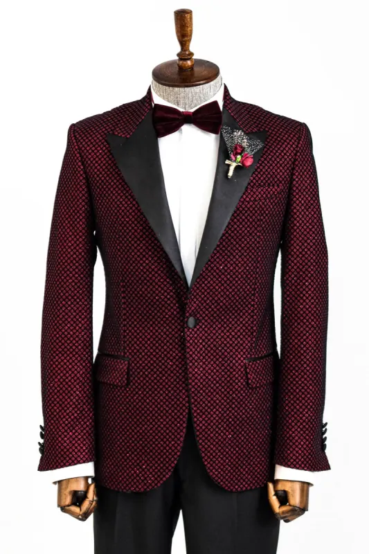Black Patterned Over Burgundy Men Prom Blazer and Trousers Combination - Wessi sold by Wessi