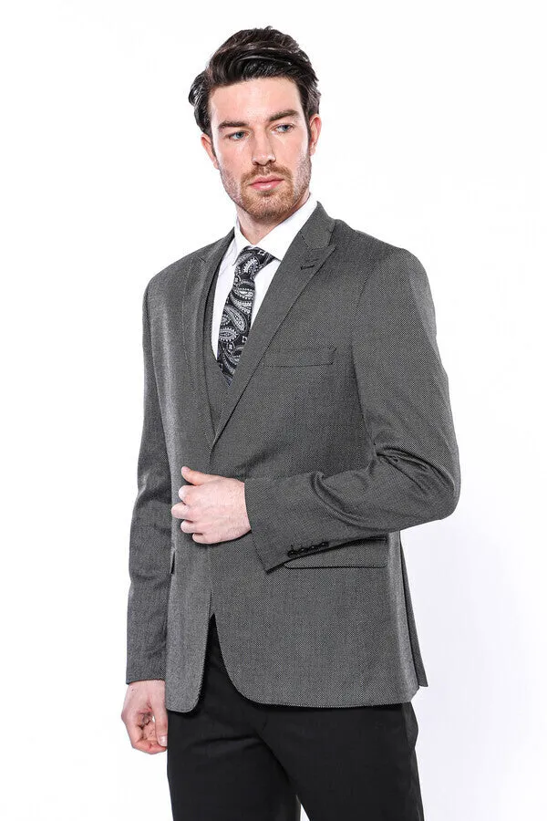 Patterned Slim-Fit Dark Grey Men Blazer - Wessi sold by Wessi
