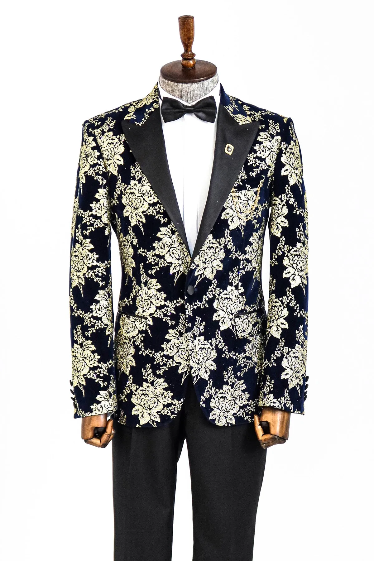 Gold Floral Patterned Navy Blue Men Party Blazer - Wessi sold by Wessi product image thumbnail 3