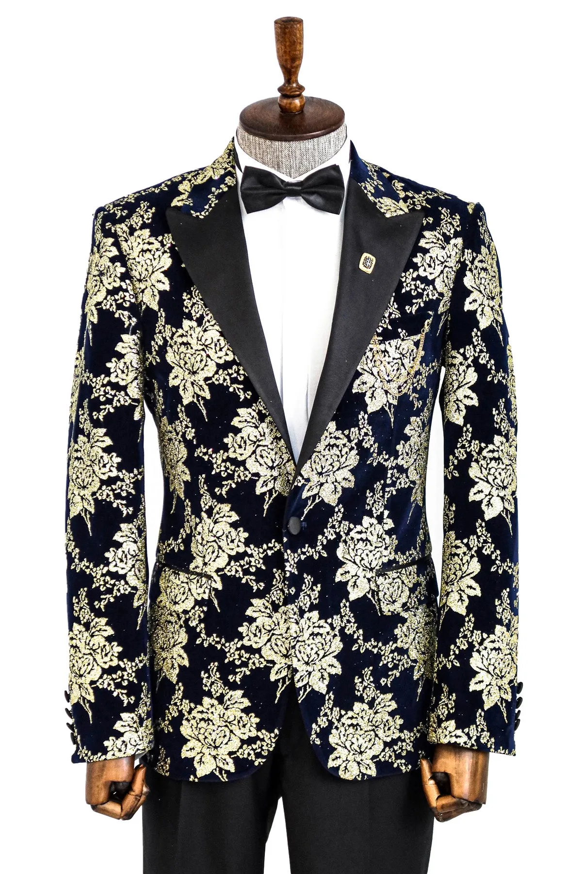 Gold Floral Patterned Navy Blue Men Party Blazer - Wessi sold by Wessi