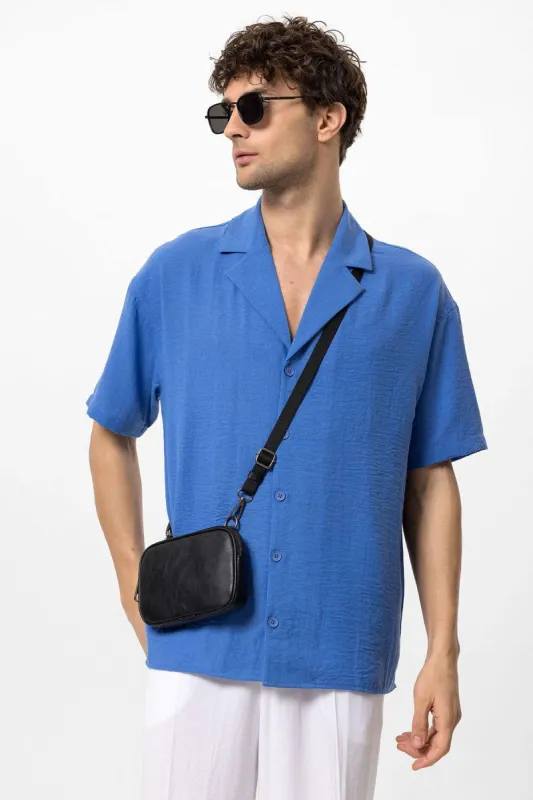 Men's Sax Oversized Short Sleeve  Shirt with Apach Collar - Wessi sold by Wessi