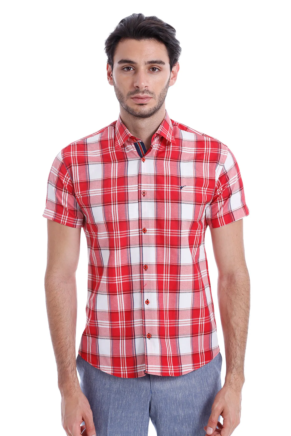 Checked Short Sleeve Burgundy Men Shirt - Wessi sold by Wessi