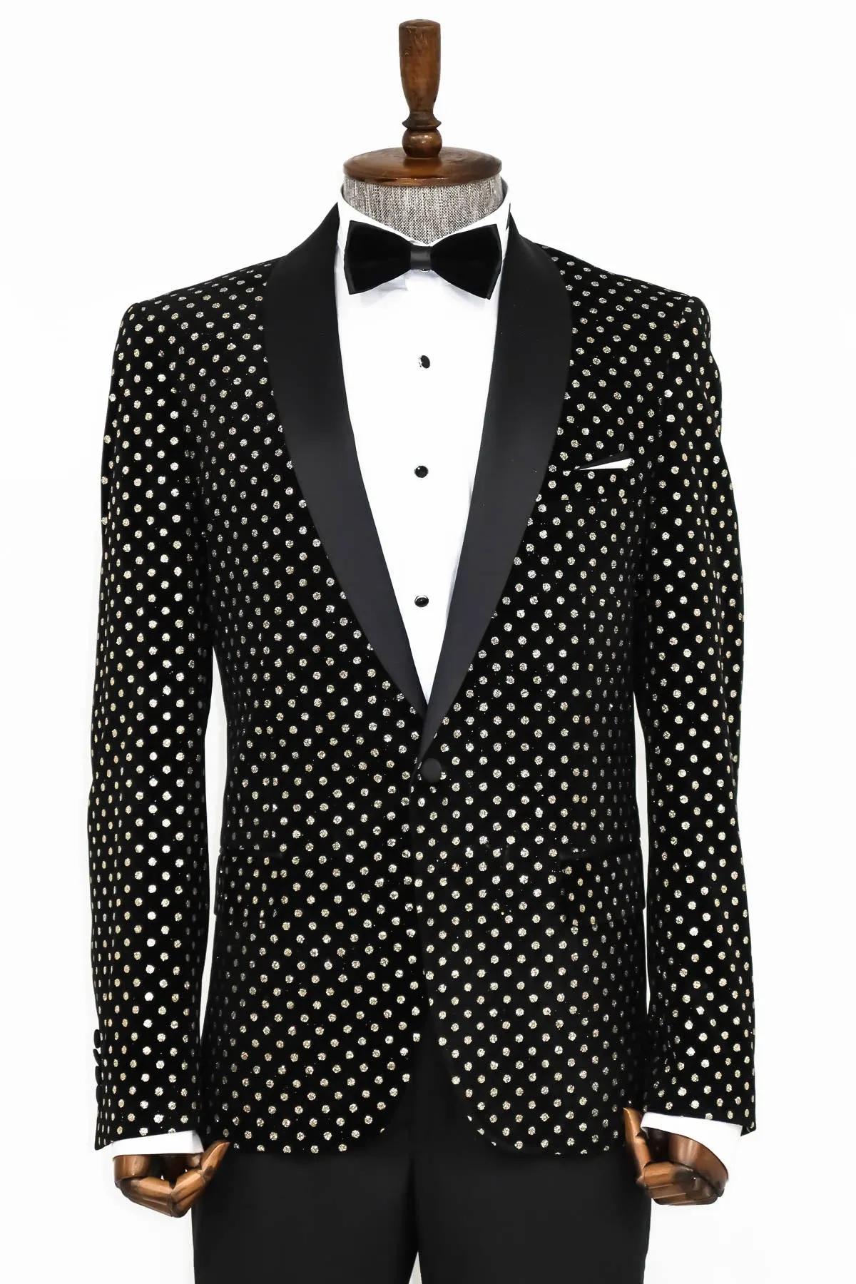 Dot Patterned Slim Fit Black Men Evening Dinner Blazer - Wessi sold by Wessi