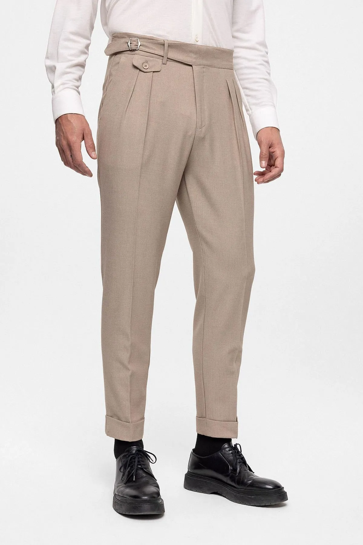 Men's Beige High Waist (Boyfriend) Pleated Fabric Trousers With Buckle Belt - Wessi sold by Wessi product image thumbnail 2