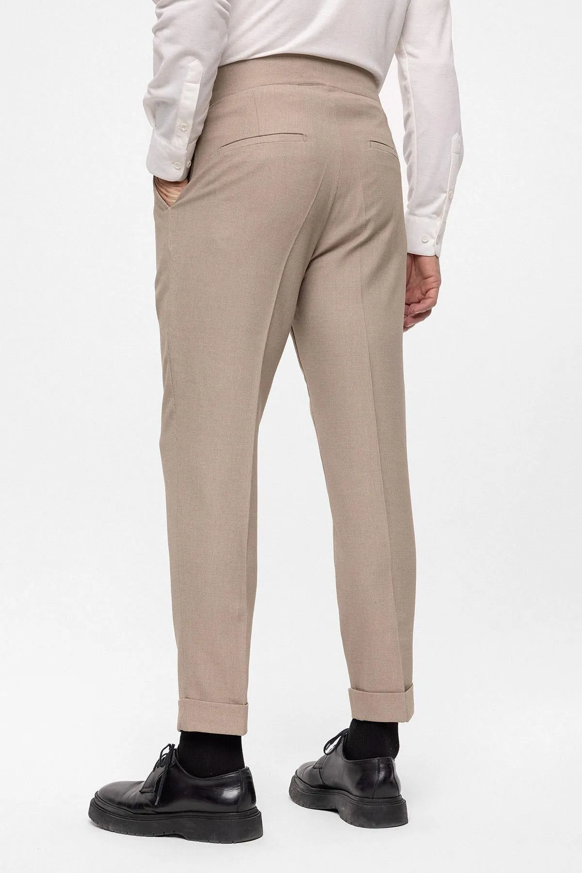 Men's Beige High Waist (Boyfriend) Pleated Fabric Trousers With Buckle Belt - Wessi sold by Wessi product image thumbnail 4