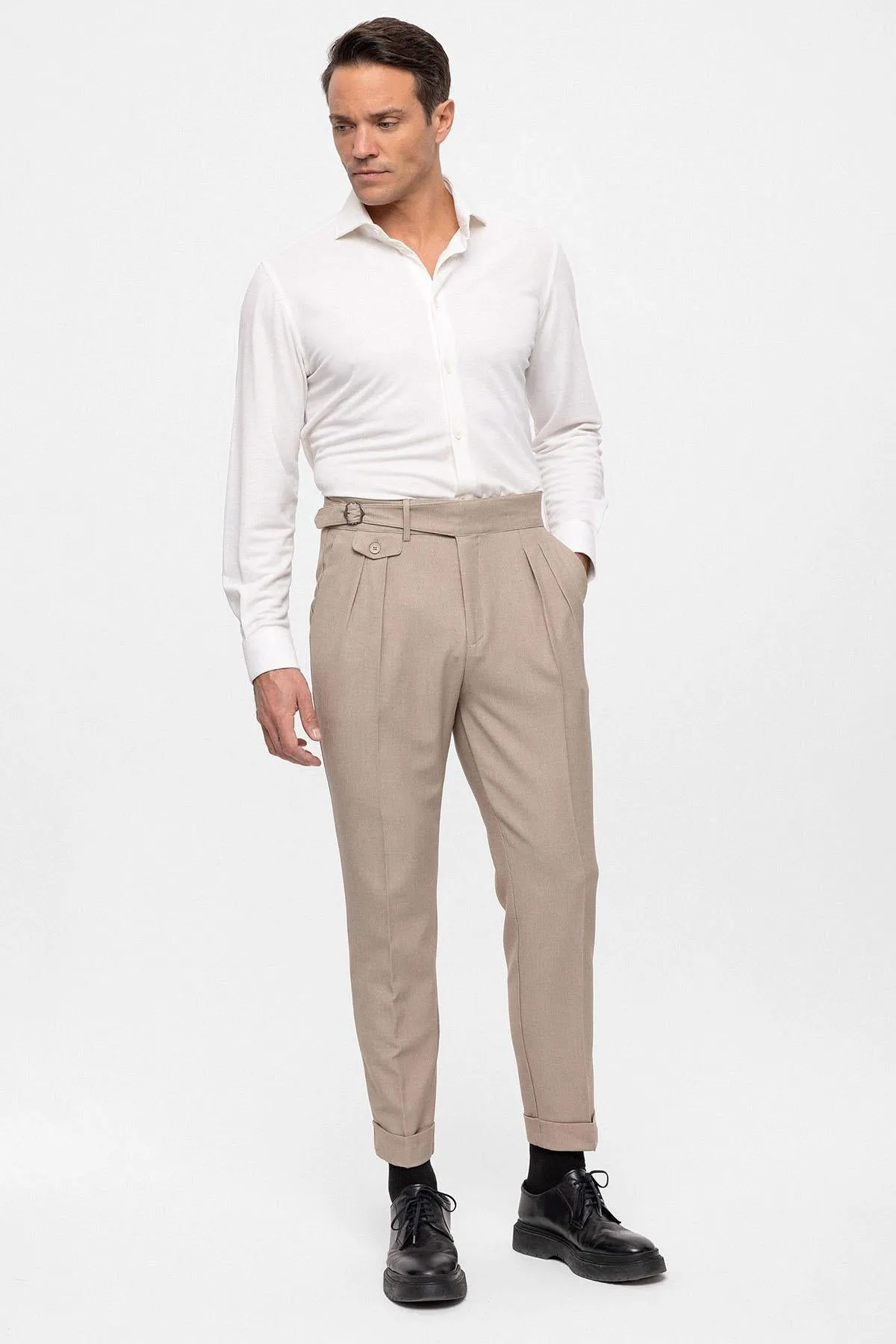 Men's Beige High Waist (Boyfriend) Pleated Fabric Trousers With Buckle Belt - Wessi sold by Wessi