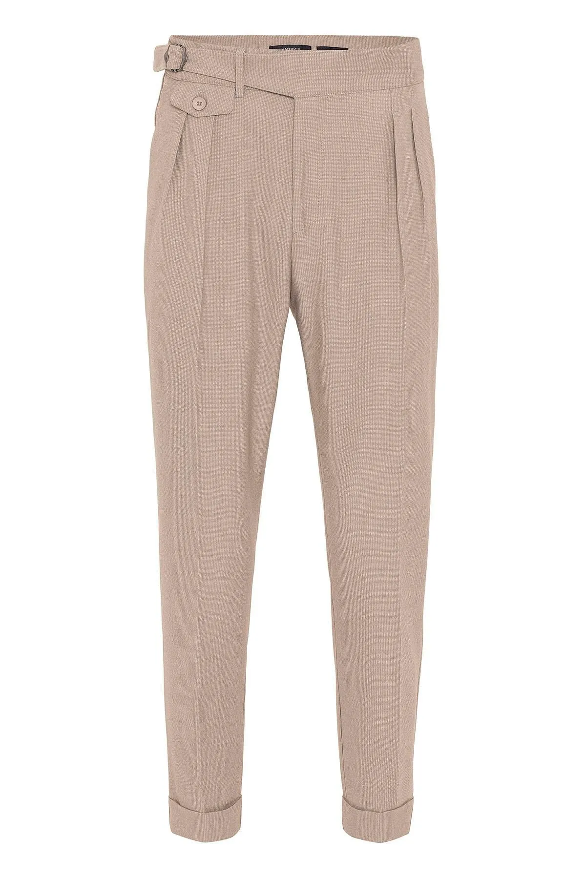 Men's Beige High Waist (Boyfriend) Pleated Fabric Trousers With Buckle Belt - Wessi sold by Wessi product image thumbnail 5