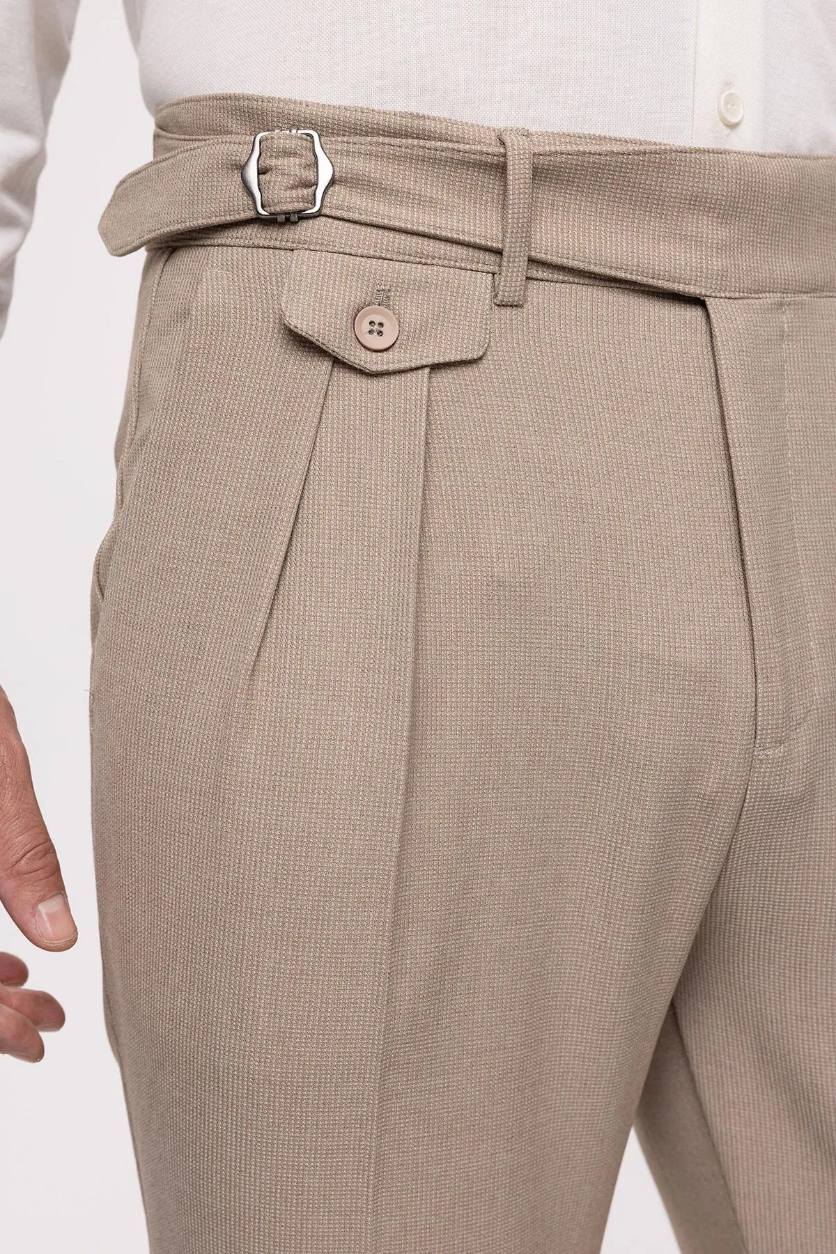 Men's Beige High Waist (Boyfriend) Pleated Fabric Trousers With Buckle Belt - Wessi sold by Wessi product image thumbnail 3