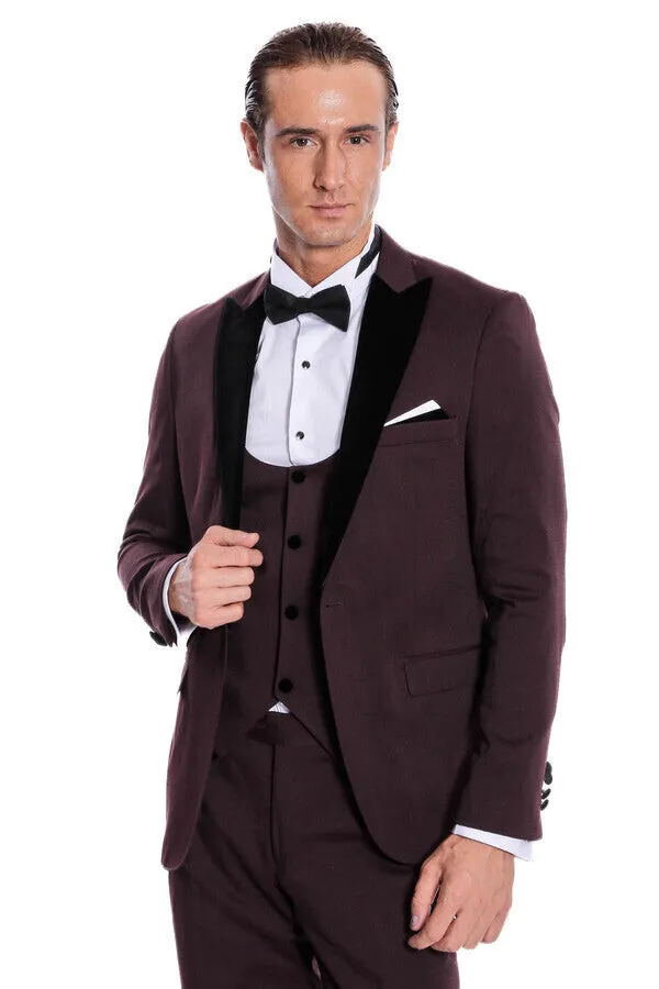 Velvet Lapel Slim Fit Burgundy Men Tuxedo - Wessi sold by Wessi