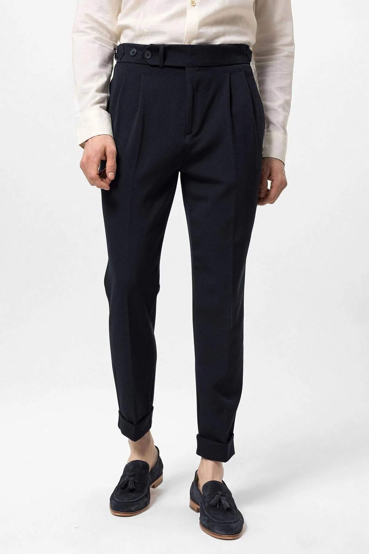 Men's Navy Blue High Waist Pleated Carrot Fit Trousers - Wessi sold by Wessi product image thumbnail 2
