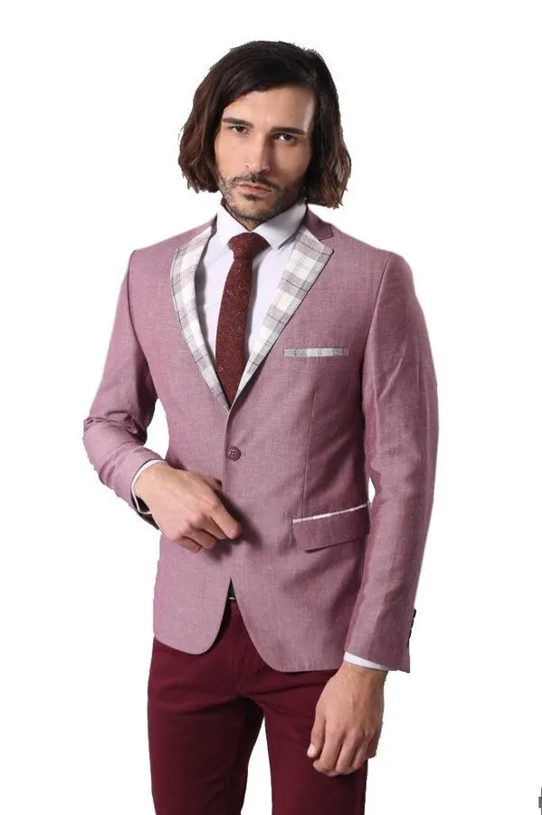 Pocket and Collar Plaid Mens Linnen Burgundy Blazer - Wessi sold by Wessi