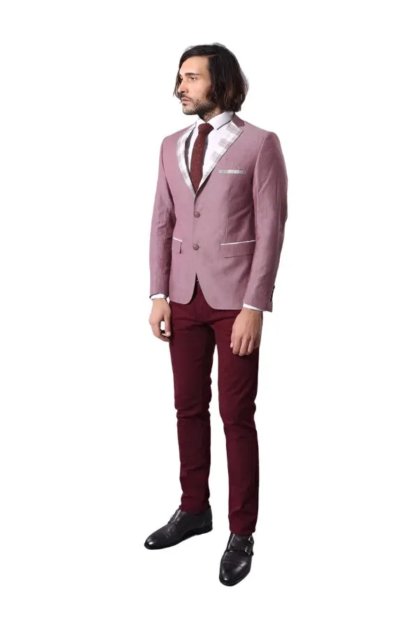 Pocket and Collar Plaid Mens Linnen Burgundy Blazer - Wessi sold by Wessi product image thumbnail 4