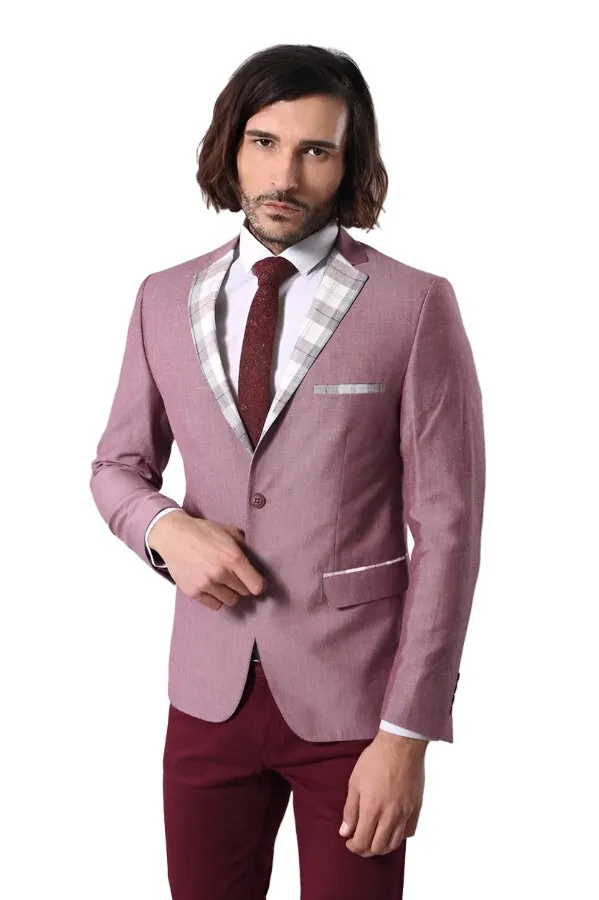 Pocket and Collar Plaid Mens Linnen Burgundy Blazer - Wessi sold by Wessi product image thumbnail 3