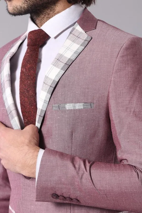 Pocket and Collar Plaid Mens Linnen Burgundy Blazer - Wessi sold by Wessi product image thumbnail 2