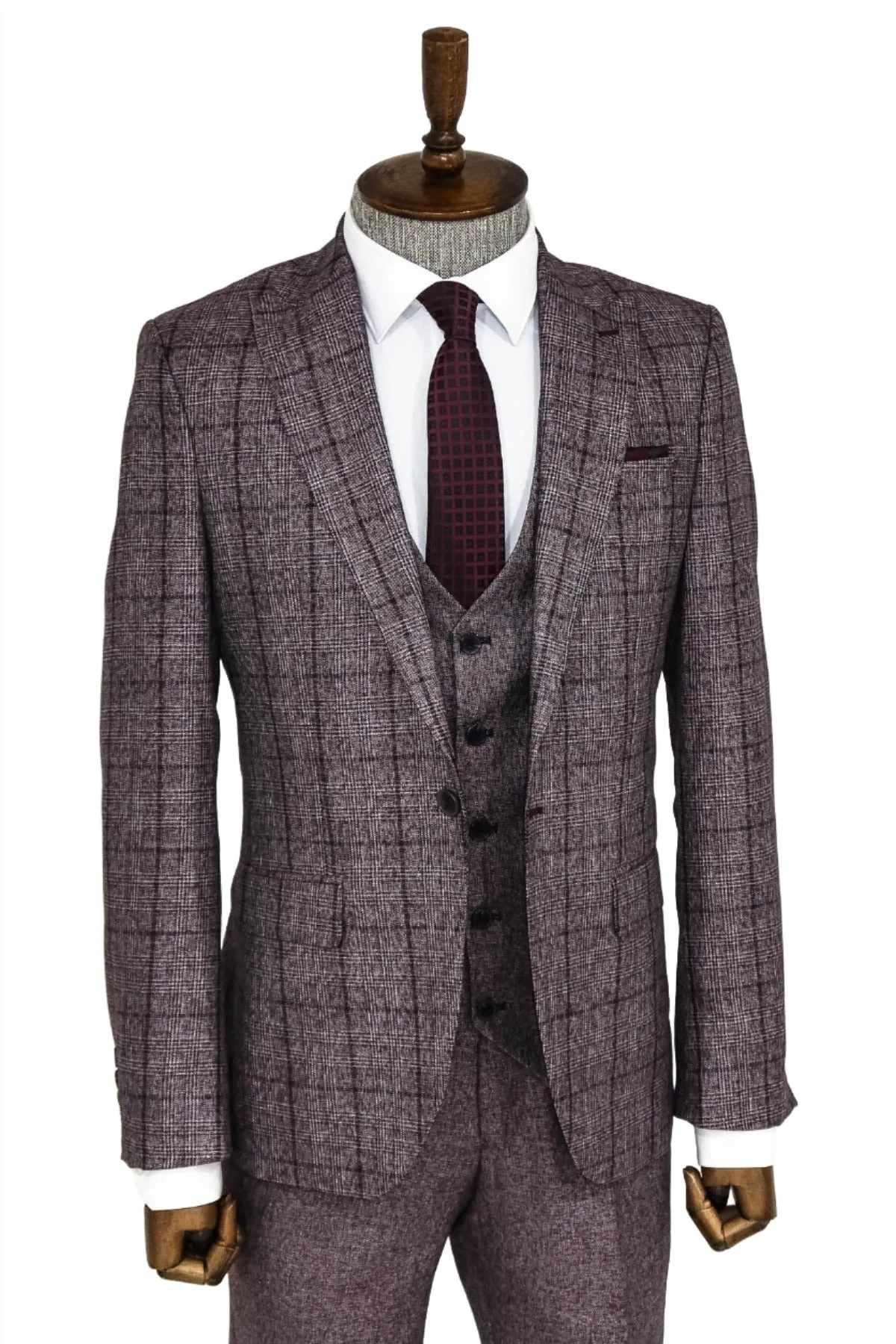 Slim Fit Checked Burgundy Men Suit - Wessi sold by Wessi product image thumbnail 4