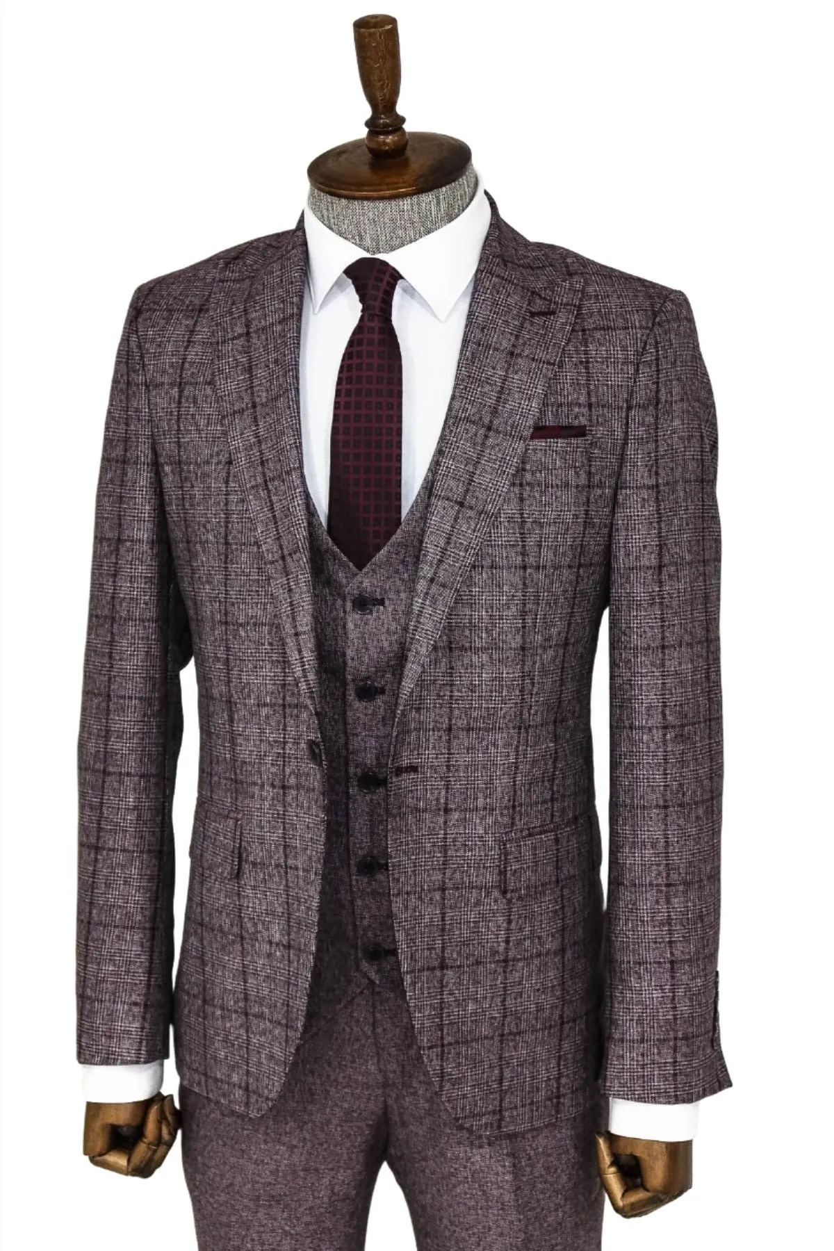 Slim Fit Checked Burgundy Men Suit - Wessi sold by Wessi product image thumbnail 5