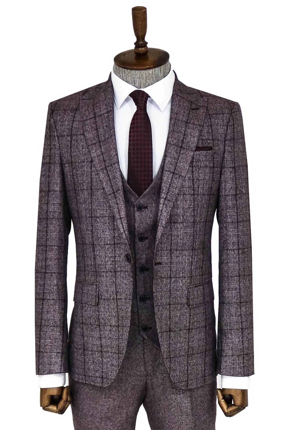 Slim Fit Checked Burgundy Men Suit - Wessi sold by Wessi