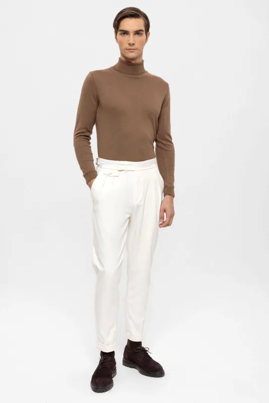 Men's Ecru High Waist Pleated  Trousers - Wessi sold by Wessi