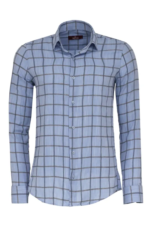 Plaid Slim Fit Blue Men Shirt - Wessi sold by Wessi