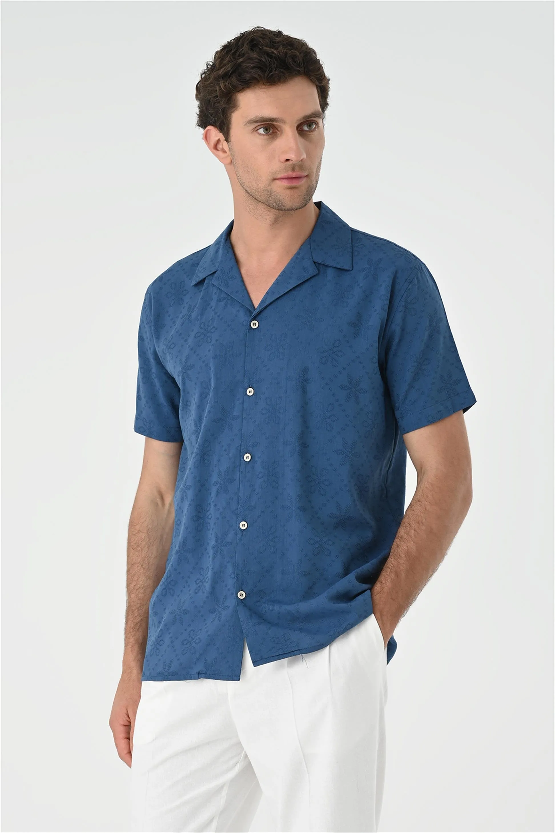 Indigo Knitted Patterned Men's Shirt with Camp Collar - Wessi sold by Wessi product image thumbnail 4