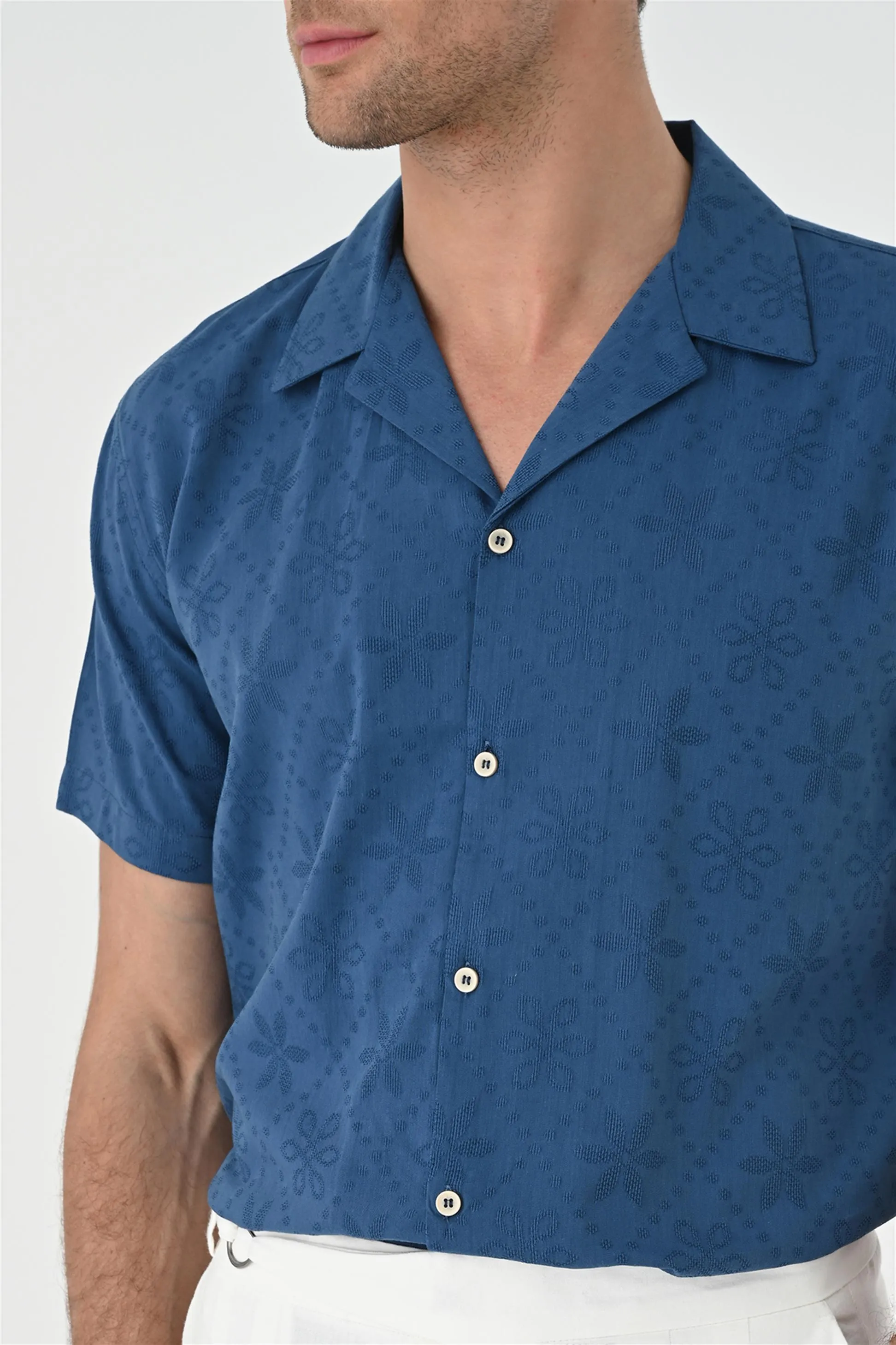 Indigo Knitted Patterned Men's Shirt with Camp Collar - Wessi sold by Wessi product image thumbnail 5