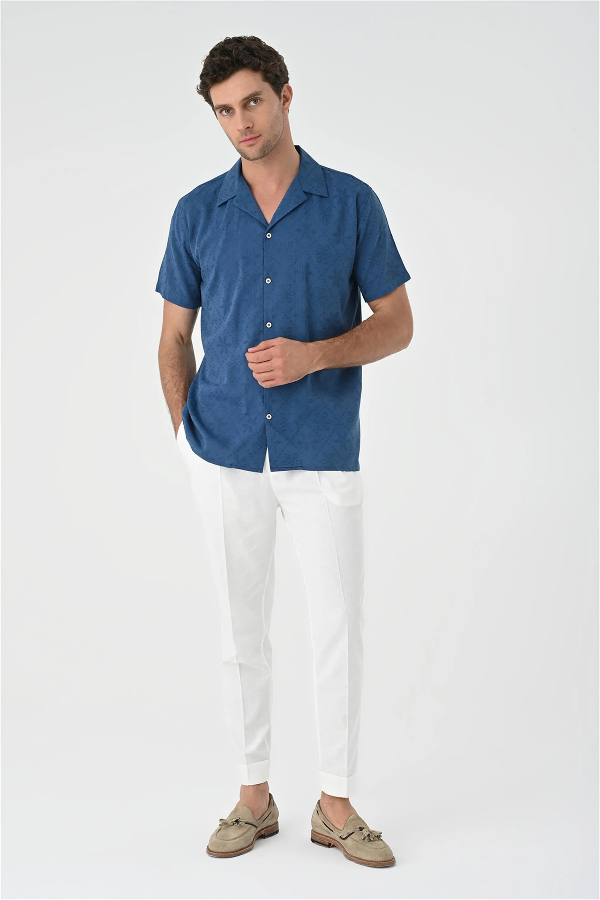 Indigo Knitted Patterned Men's Shirt with Camp Collar - Wessi sold by Wessi product image thumbnail 2