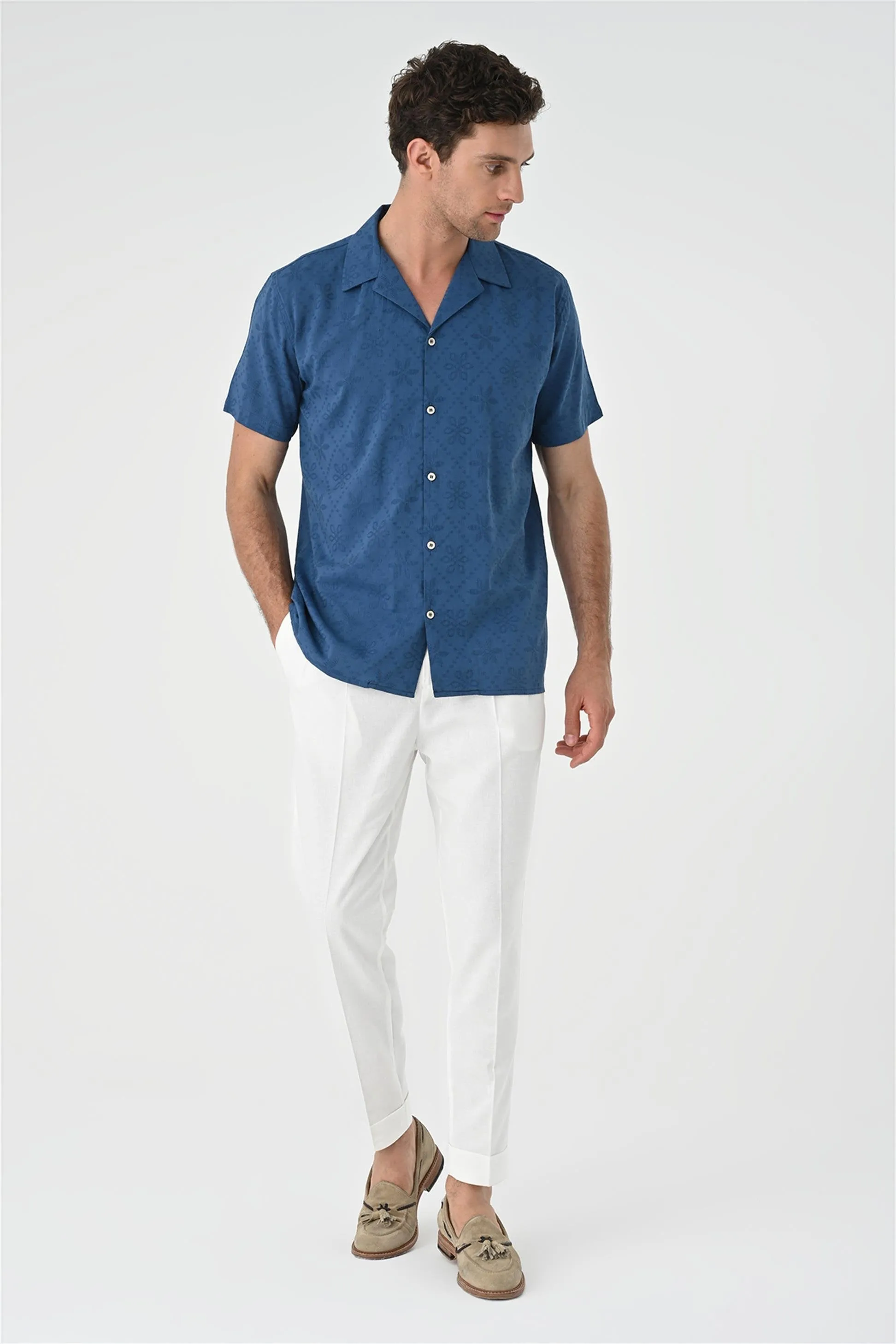 Indigo Knitted Patterned Men's Shirt with Camp Collar - Wessi sold by Wessi product image thumbnail 3