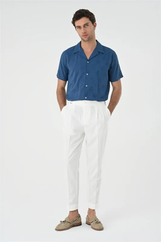 Indigo Knitted Patterned Men's Shirt with Camp Collar - Wessi sold by Wessi