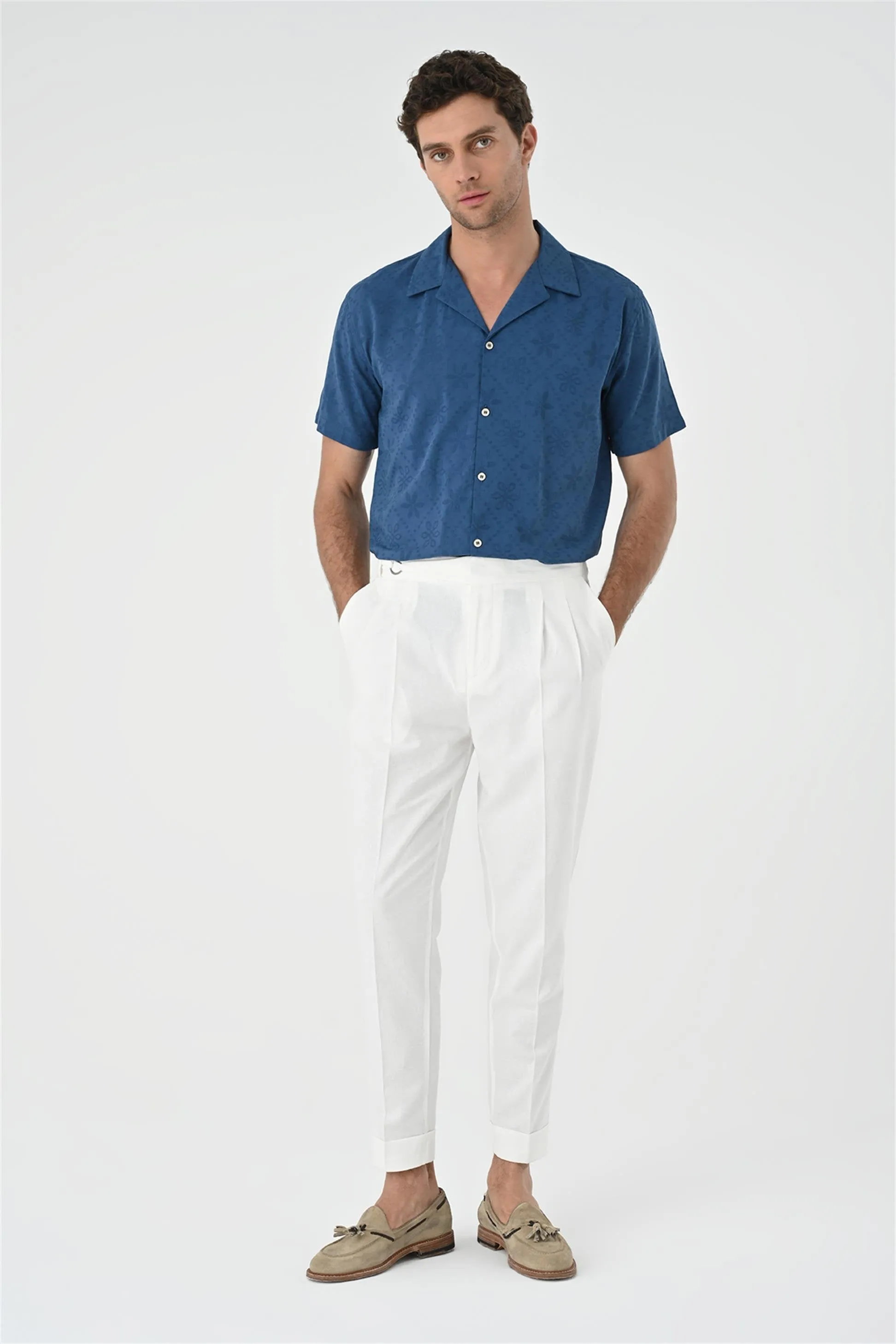 Indigo Knitted Patterned Men's Shirt with Camp Collar - Wessi sold by Wessi