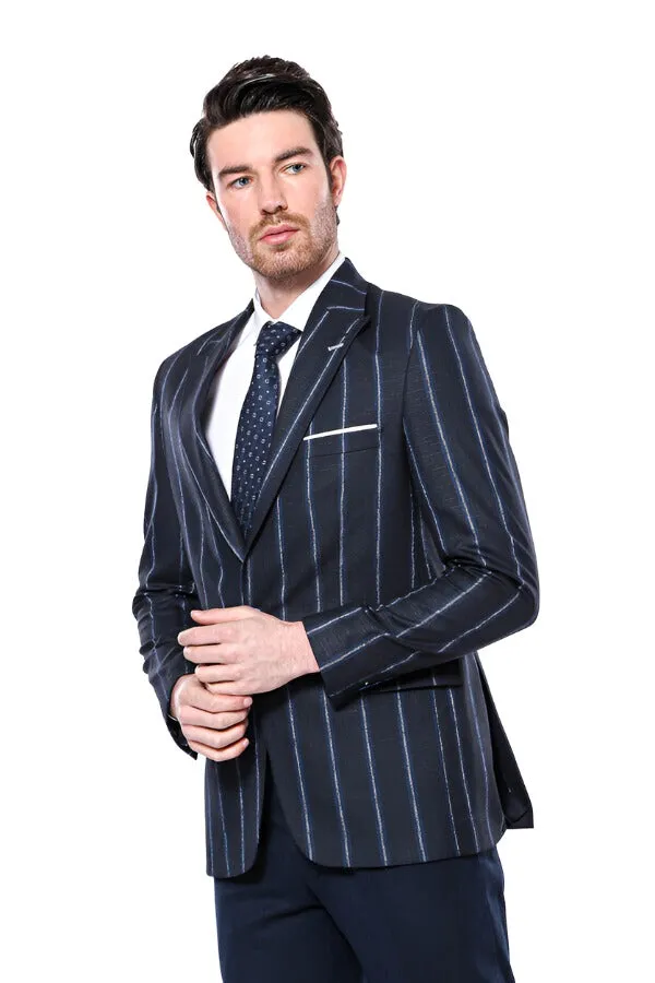 Striped Dark Blue Slim-Fit Blazer - Wessi sold by Wessi product image thumbnail 3