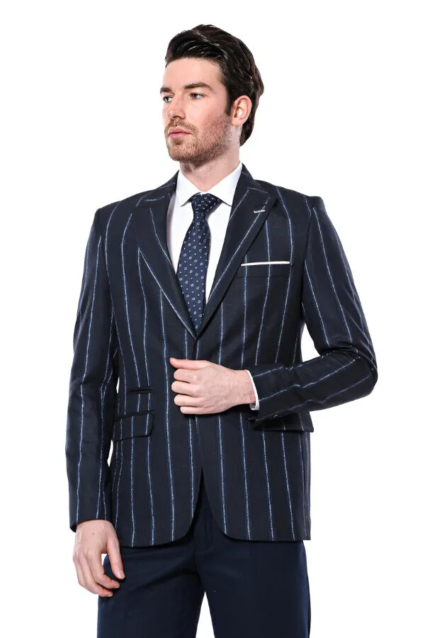 Striped Dark Blue Slim-Fit Blazer - Wessi sold by Wessi product image thumbnail 5