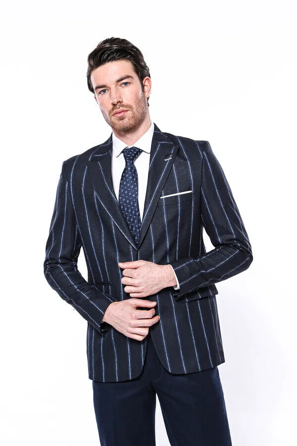 Striped Dark Blue Slim-Fit Blazer - Wessi sold by Wessi